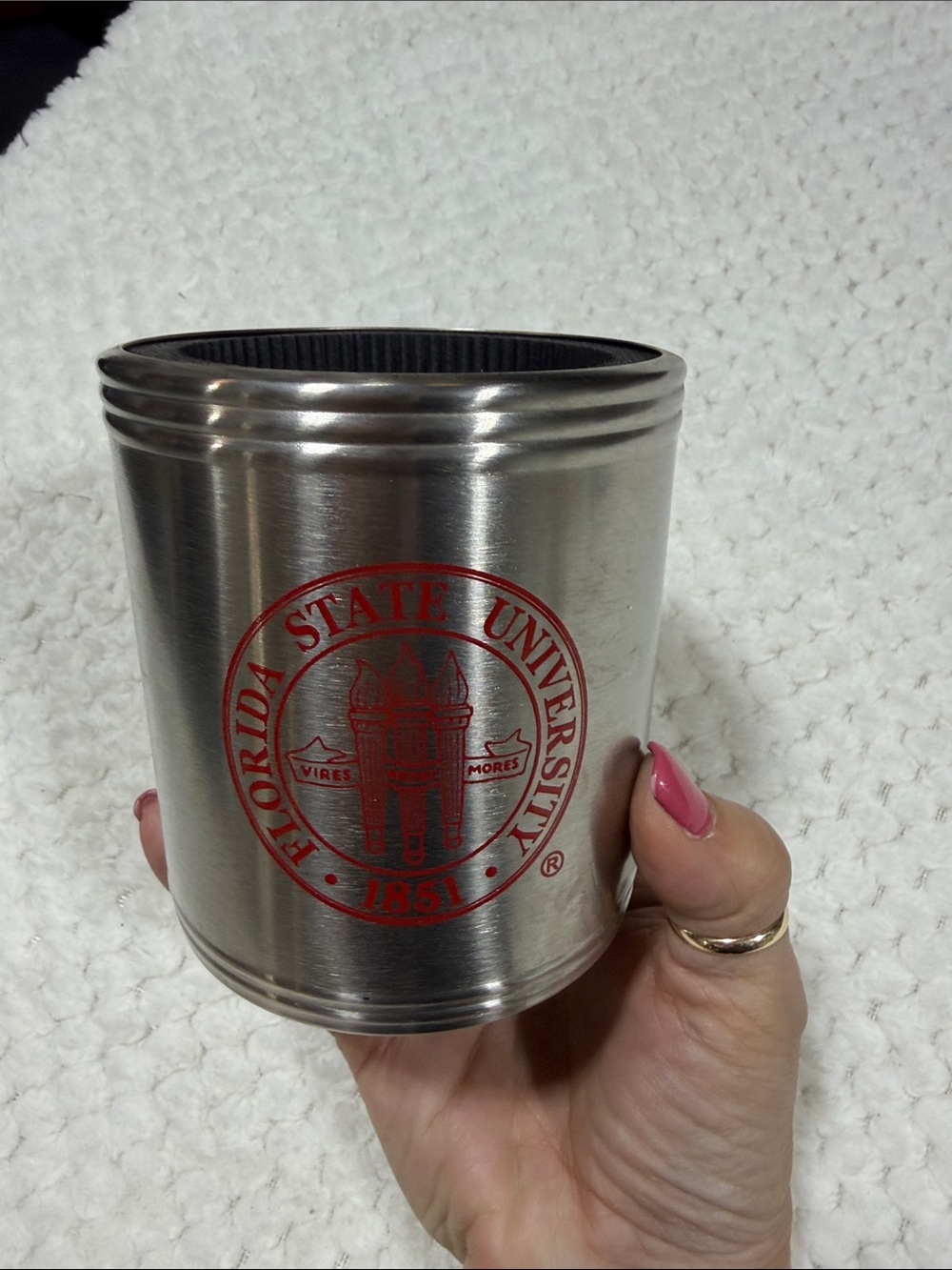 Stainless Steel Can Cooler with Florida State seal and logo